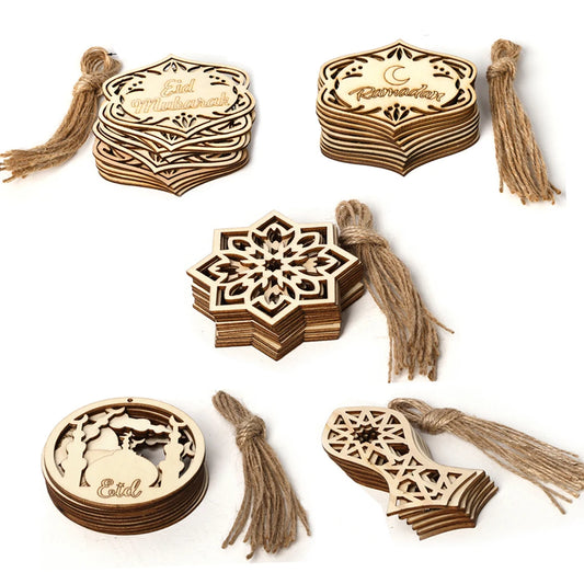 Celestial Charm: Set of 10 Wood Eid Mubarak Pendants - Moon Wooden Ornaments for Ramadan Decorations