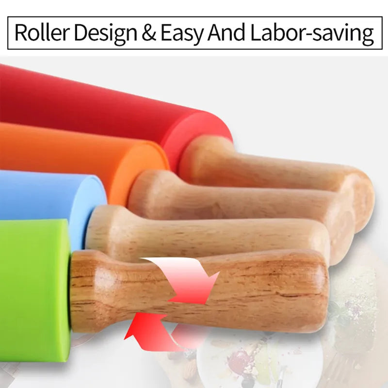Non-Stick Silicone Rolling Pin Wooden Handle