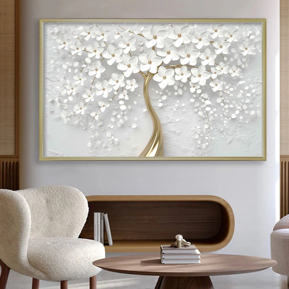 Back White Flowers Canvas Gold Tree Trunk Poster