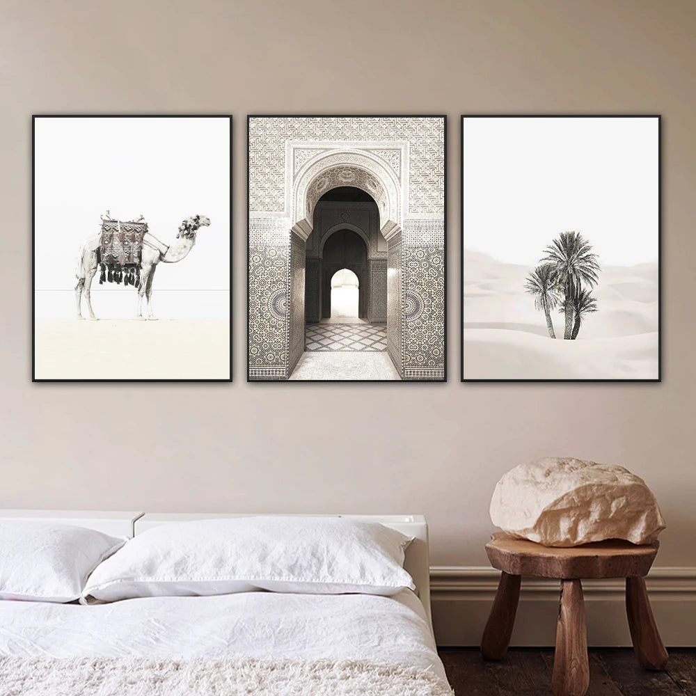 3PCS Frameless Poster Camel Morocco Door Wall Art Palms In Sahara Desert