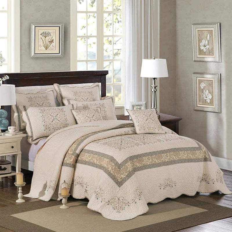 Steven Store™ Embroidered Cotton Quilt Set: Luxurious quilt set with intricate embroidery and soft cotton fabric for stylish and comfortable bedding