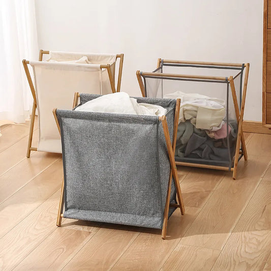 Steven Store™ Cotton Linen Storage Basket with Wood Bracket - Stylish and durable storage solution with breathable cotton linen fabric and a sturdy wood bracket.