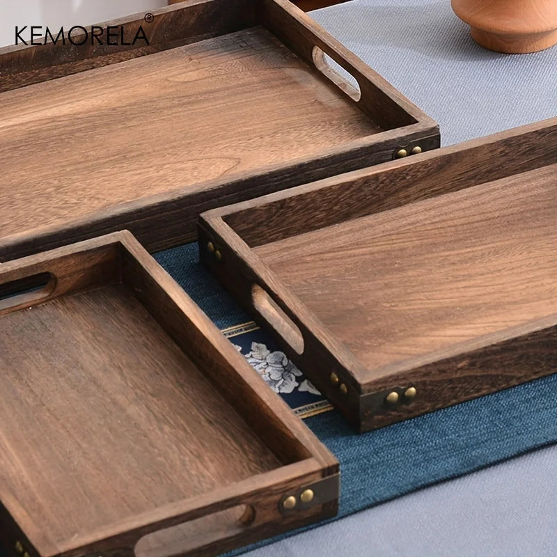 Steven Store™ Wooden Rectangular Tea Tray: Elegant natural wood tray for serving tea, coffee, and snacks