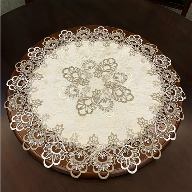 Hot Selling Modern Brocade Fabric Embroidered Lace Trim Tablecloth Coaster Set