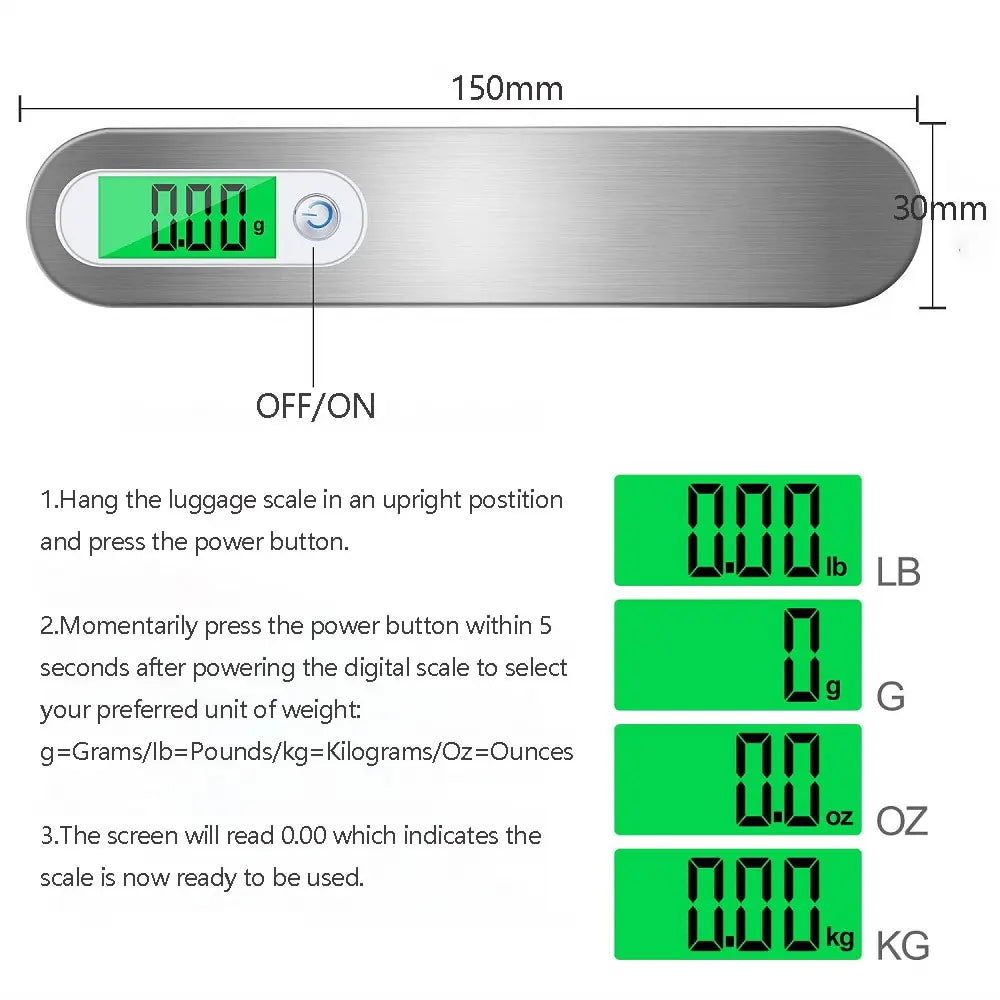 Steven Store™ LCD Digital Luggage Scale displaying weight on a suitcase.