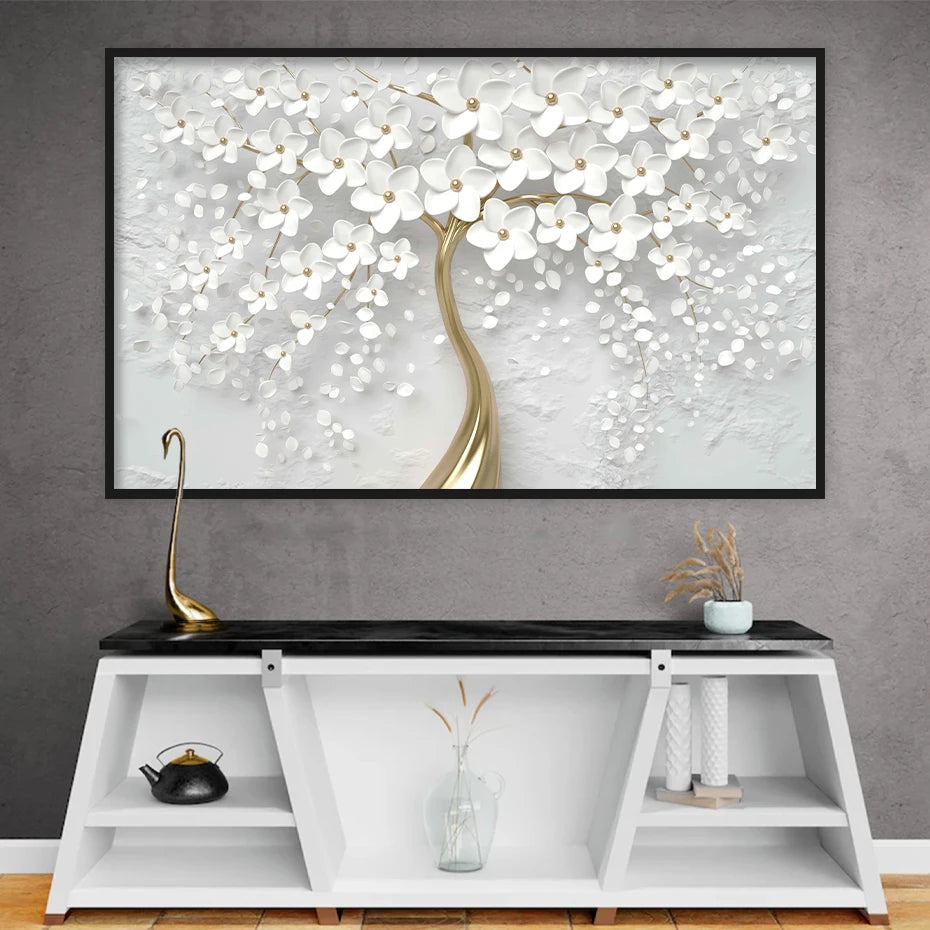 Back White Flowers Canvas Gold Tree Trunk Poster
