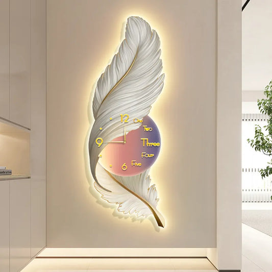 Steven Store™ Large Luxury Art Wall Clock with Feather Decoration