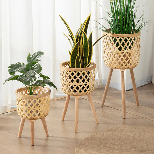 Steven Store™ Handmade Bamboo Woven Flower Pot with Stand
