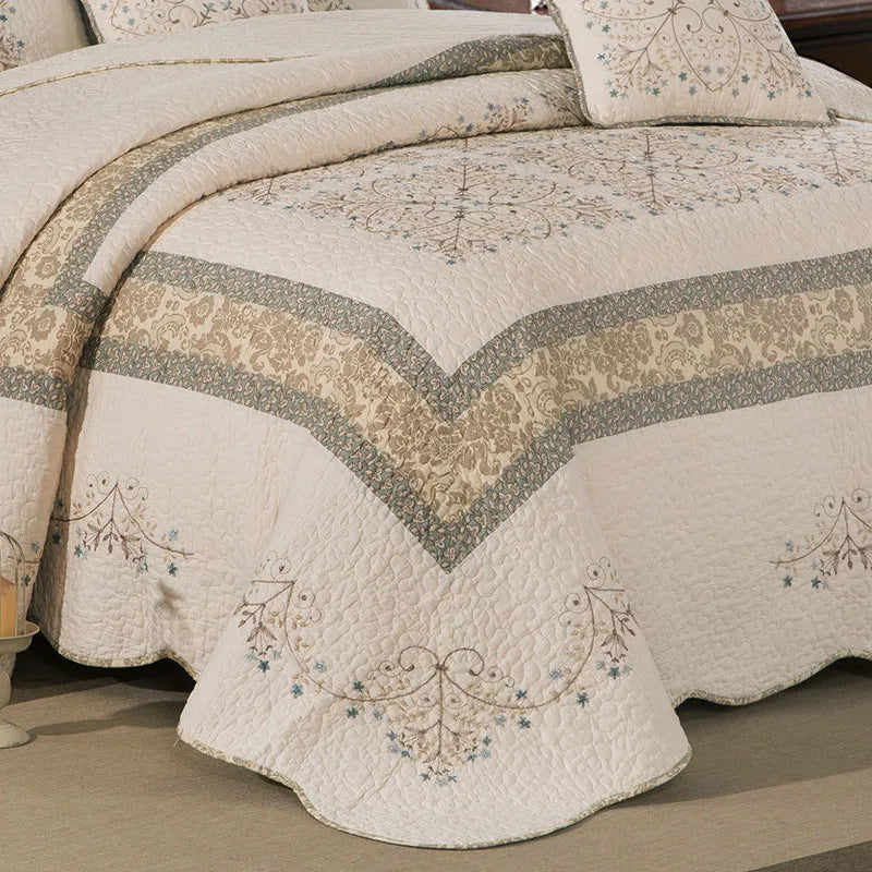 Steven Store™ Embroidered Cotton Quilt Set: Luxurious quilt set with intricate embroidery and soft cotton fabric for stylish and comfortable bedding