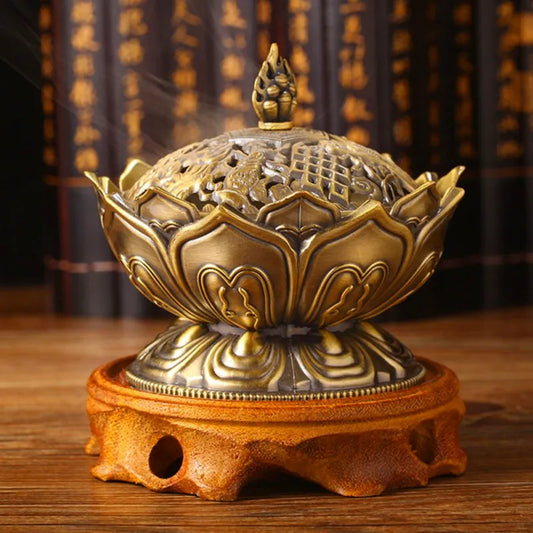 Quemador de incienso de flor de loto, plato de aleación de Zinc y cobre, soporte de incienso de Buda chino