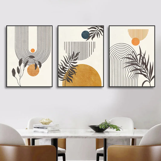 3PCS Vintage Posters Abstract Line Geometry Botanical Leaf Canvas Painting