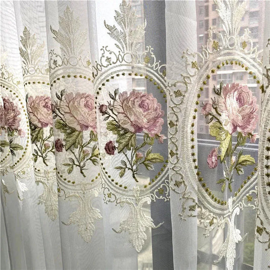 Elysian Bloom: Juego de cortinas de tul con bordado de peonías de lujo americano