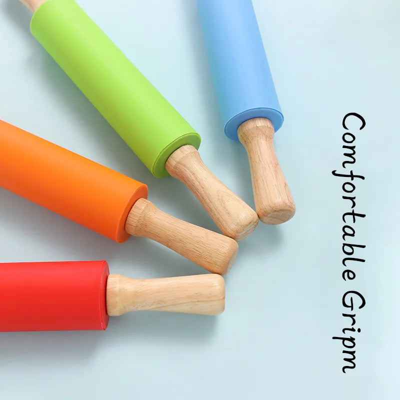 Non-Stick Silicone Rolling Pin Wooden Handle