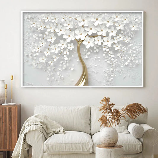 1PC Geri Beyaz Çiçekler Kanvas Altın Ağaç Gövdesi Posteri