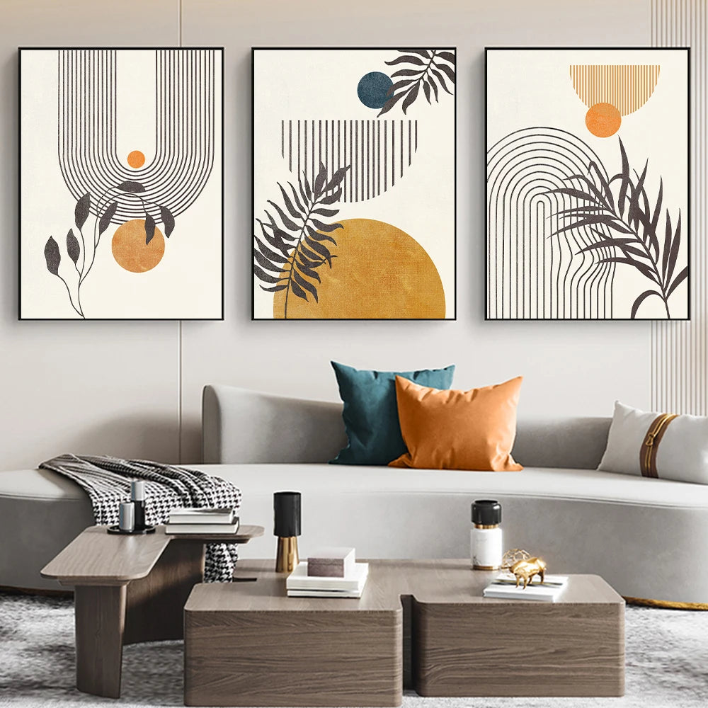 3PCS Vintage Posters Abstract Line Geometry Botanical Leaf Canvas Painting