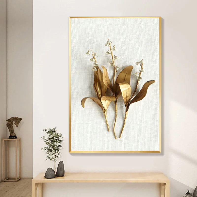 Golden Plant Leaves and Flowers Wall Art Pictures Canvas Painting