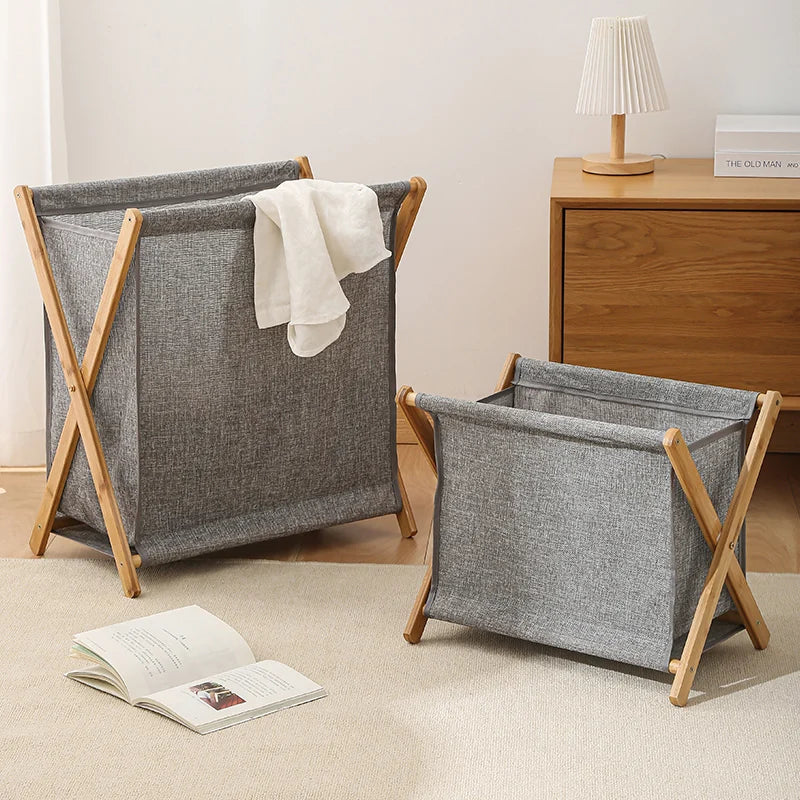 Steven Store™ Cotton Linen Storage Basket with Wood Bracket - Stylish and durable storage solution with breathable cotton linen fabric and a sturdy wood bracket.