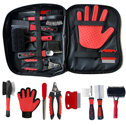 Steven Store™ Pet Grooming Set - Comprehensive pet grooming kit with slicker brush, dematting comb, nail clippers, and grooming scissors.