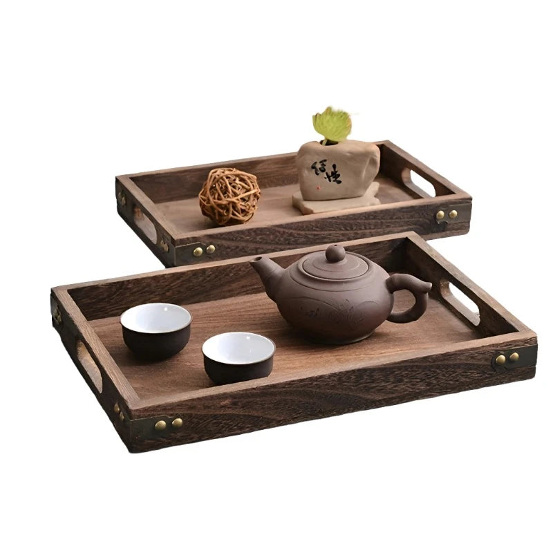 Steven Store™ Wooden Rectangular Tea Tray: Elegant natural wood tray for serving tea, coffee, and snacks