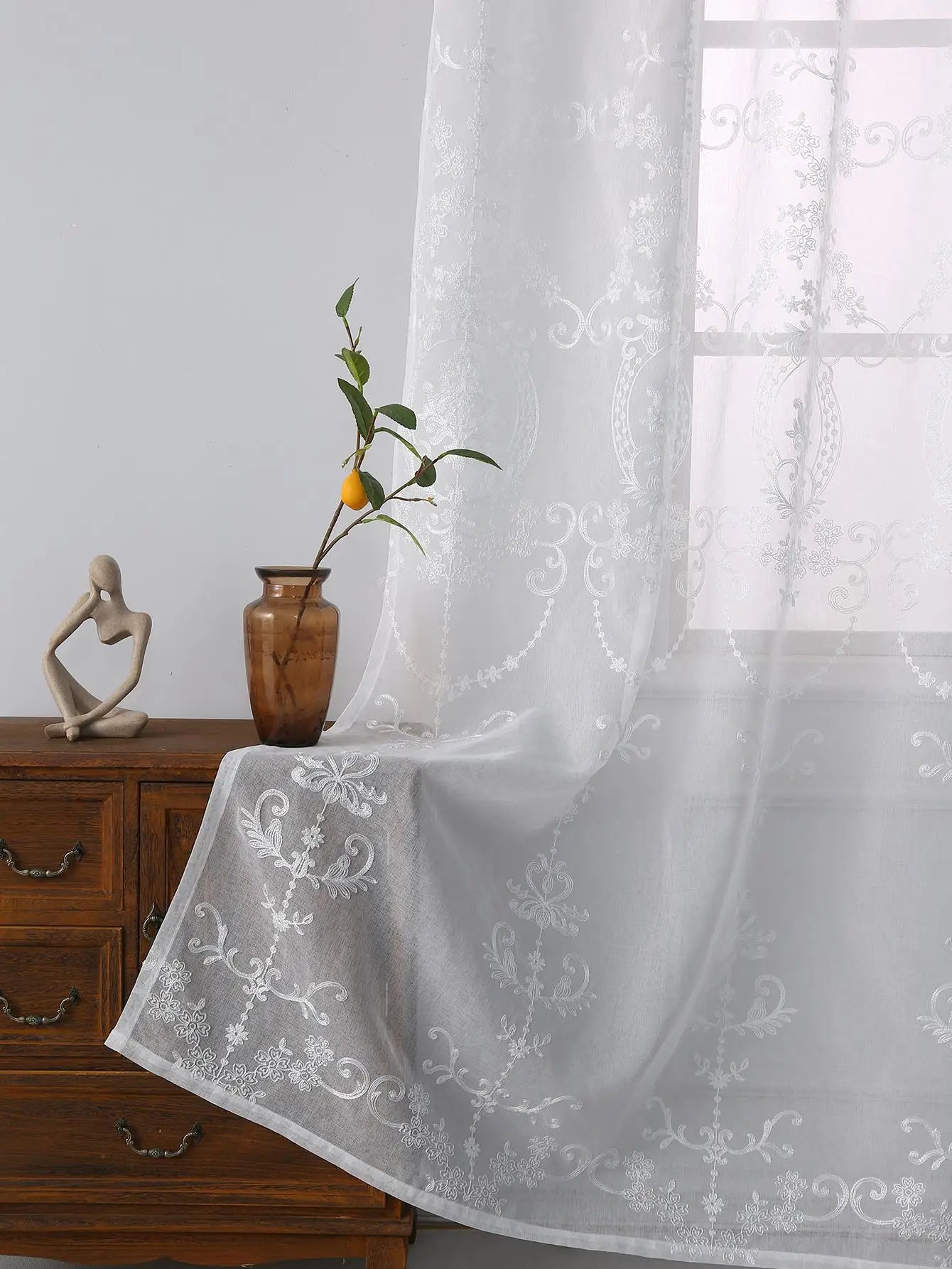 White Embroidered Floral Sheer Curtains