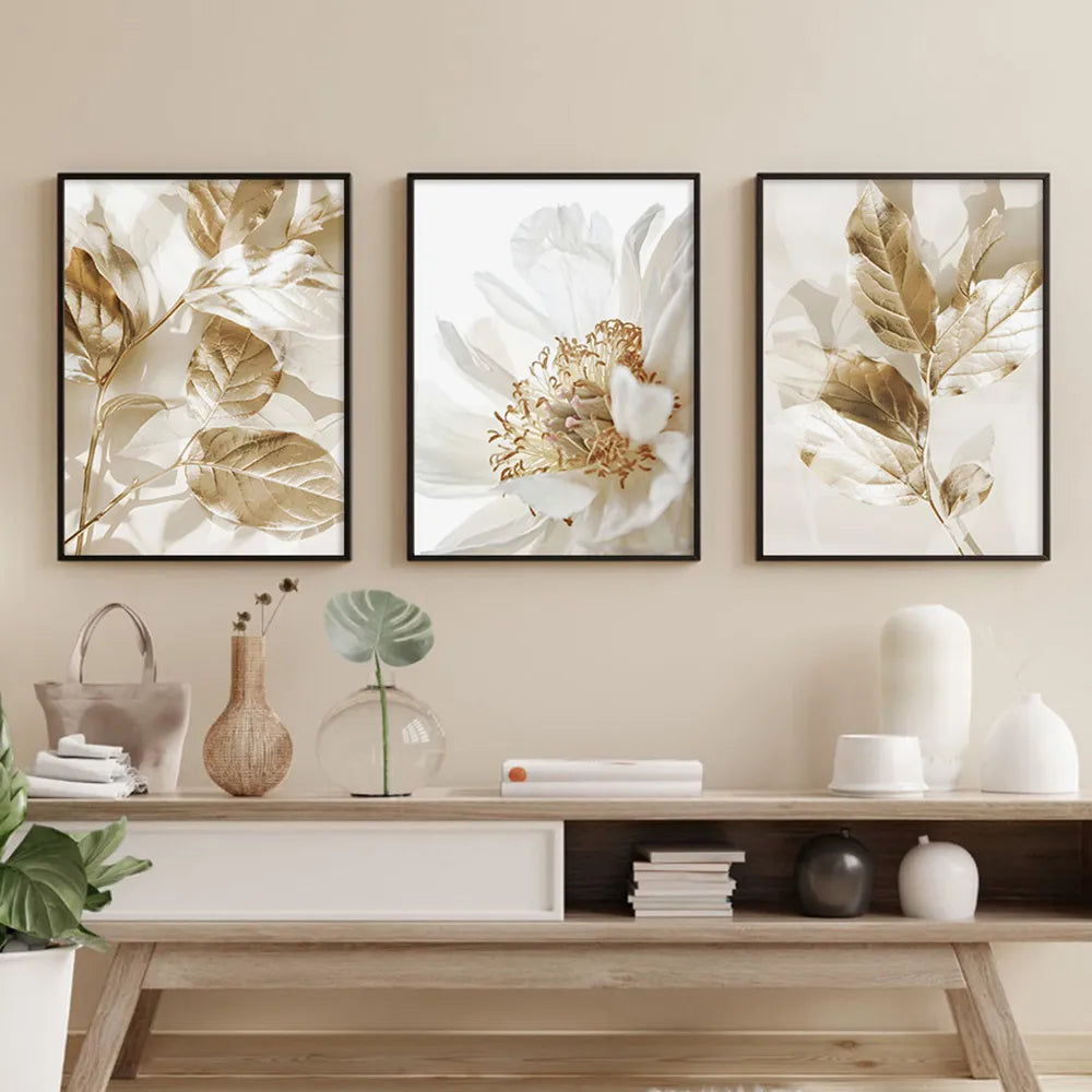 3PCS Frameless Nordic White Floral Golden Leaves Poster Wall Art