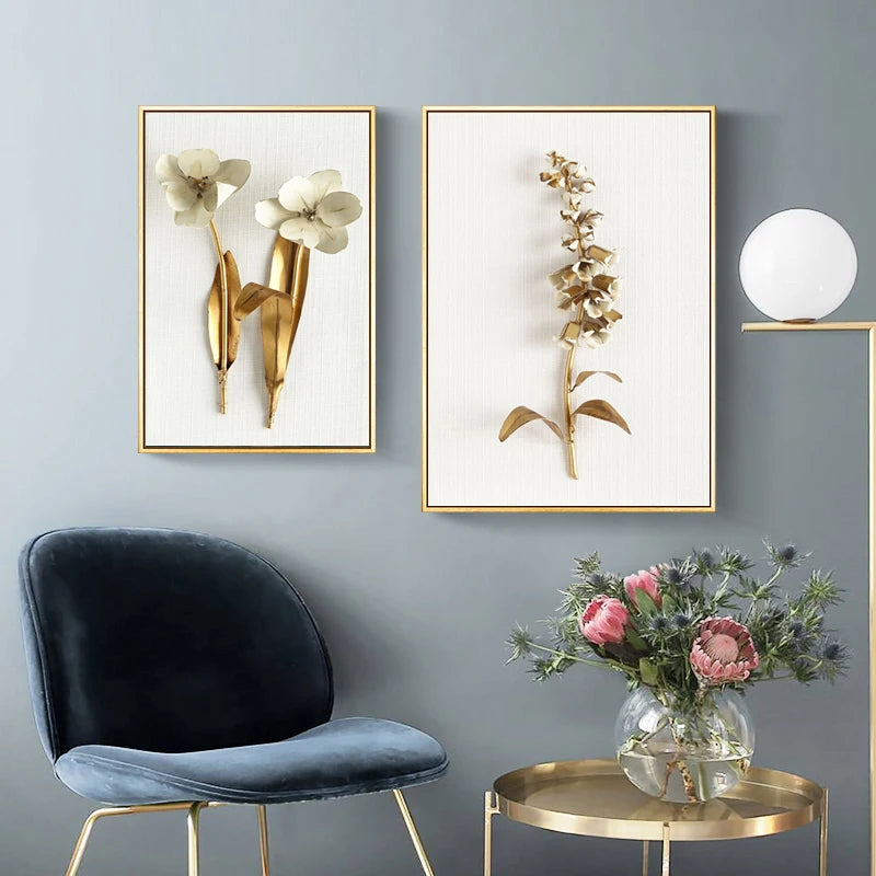 Golden Plant Leaves and Flowers Wall Art Pictures Canvas Painting
