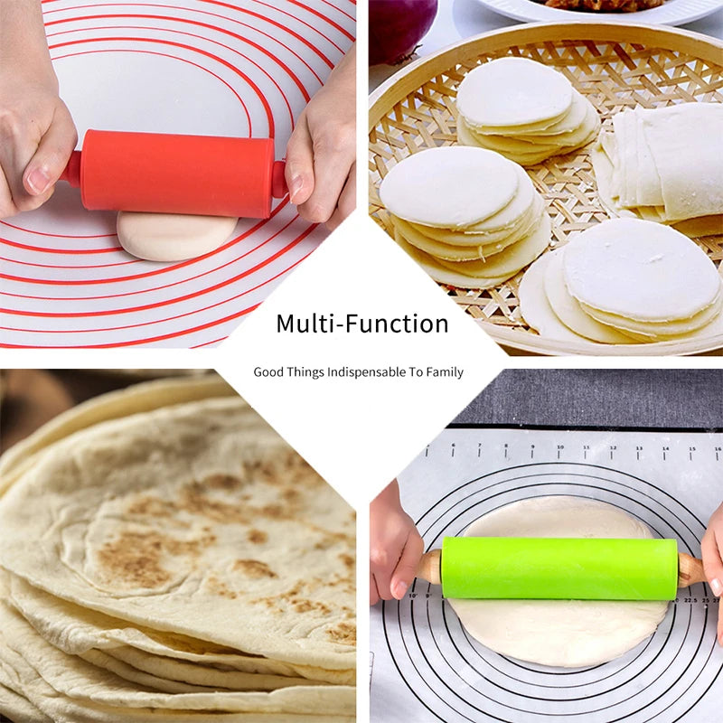 Non-Stick Silicone Rolling Pin Wooden Handle