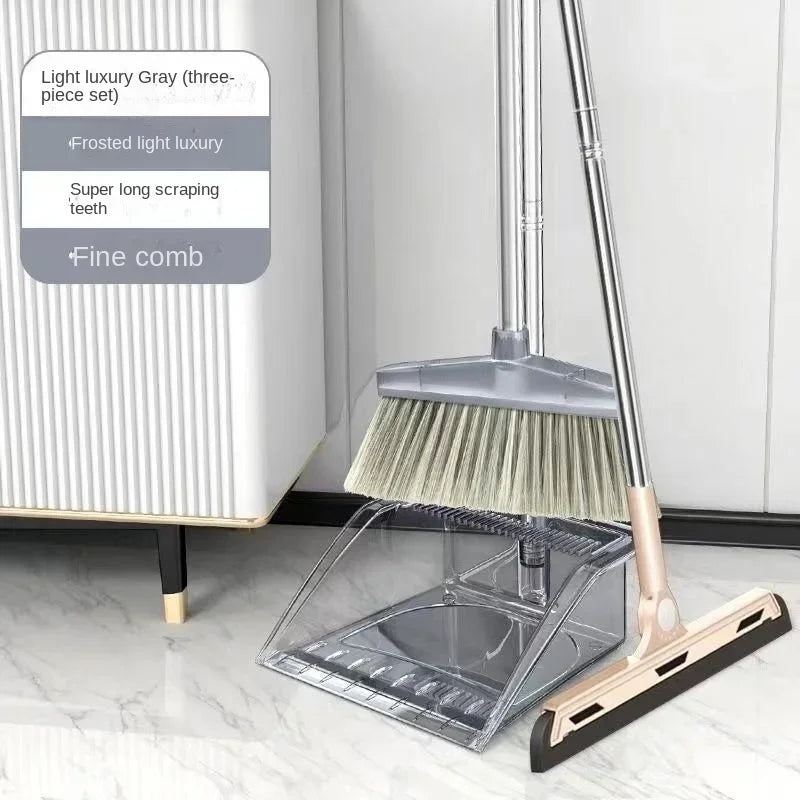 Steven Store™ Stainless Steel Rod Broom Dustpan Set - Durable stainless steel rod with dense angled bristles and rubber lip dustpan for efficient cleaning.