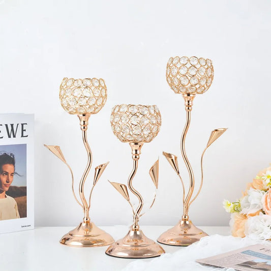 Steven Store™ Gold Crystal Flower Shaped Candle Holders