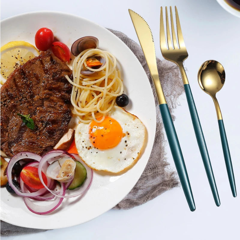 Steven Store™ Stainless Steel Dinnerware Set: Elegant dinner plates, salad plates, bowls, and utensils for stylish dining