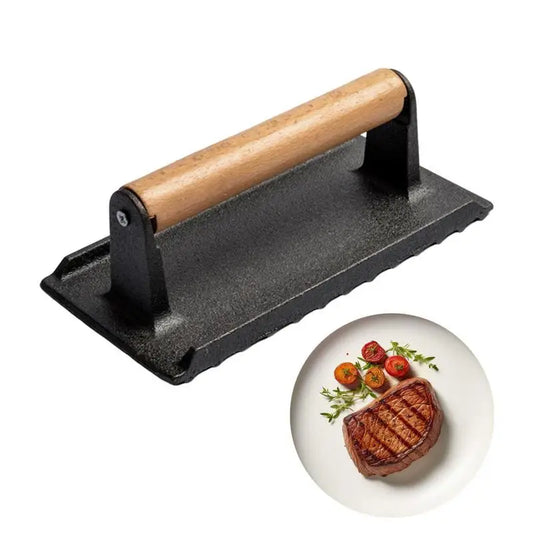 Steven Store™ Heavy-Duty Cast Iron Grill Press: Durable grill press with ribbed surface for perfect grill marks