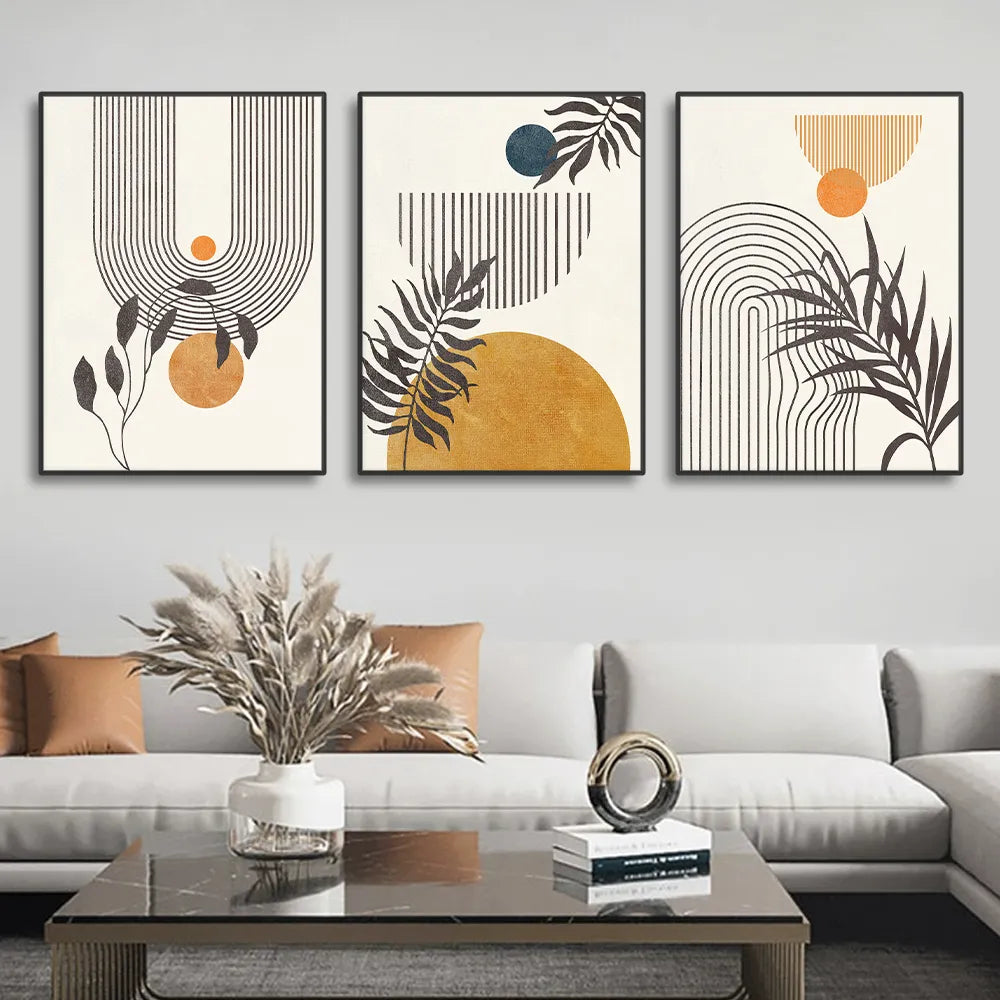 3PCS Vintage Posters Abstract Line Geometry Botanical Leaf Canvas Painting