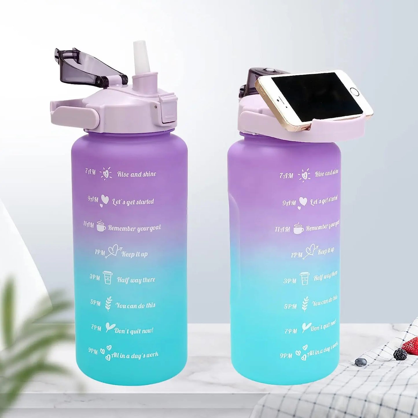3Pcs/Set Large Capacity Water Bottle Set - Portable Plastic Frosted Gradient Color Water Bottle with Time Marker and Hanging Rope