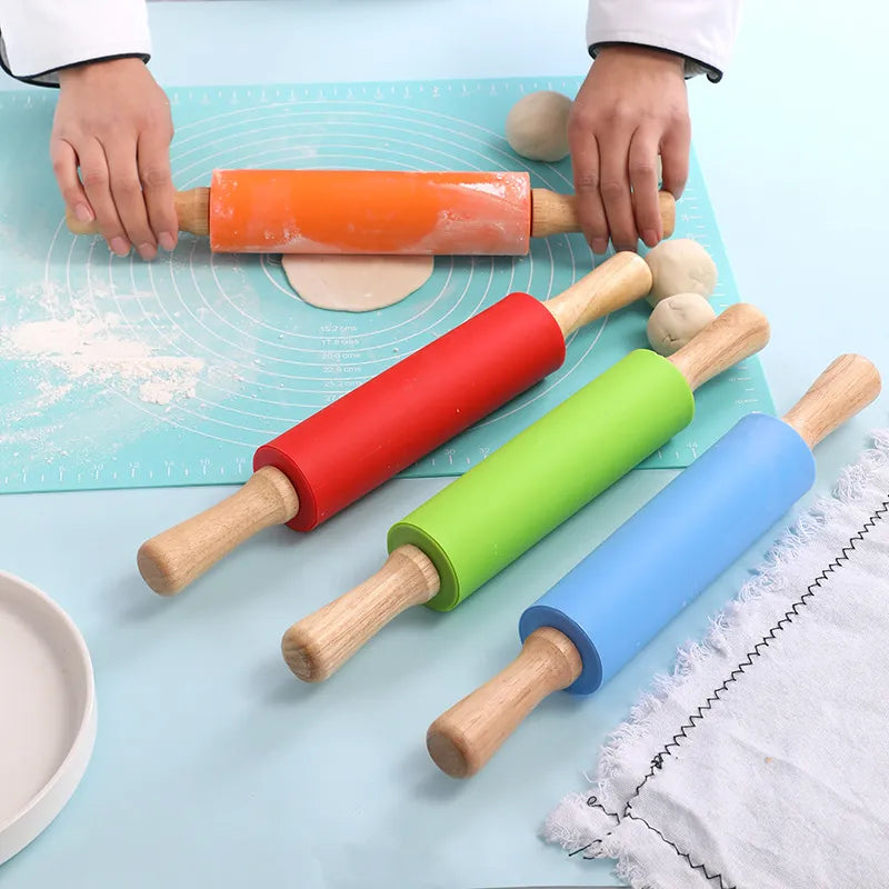 Non-Stick Silicone Rolling Pin Wooden Handle