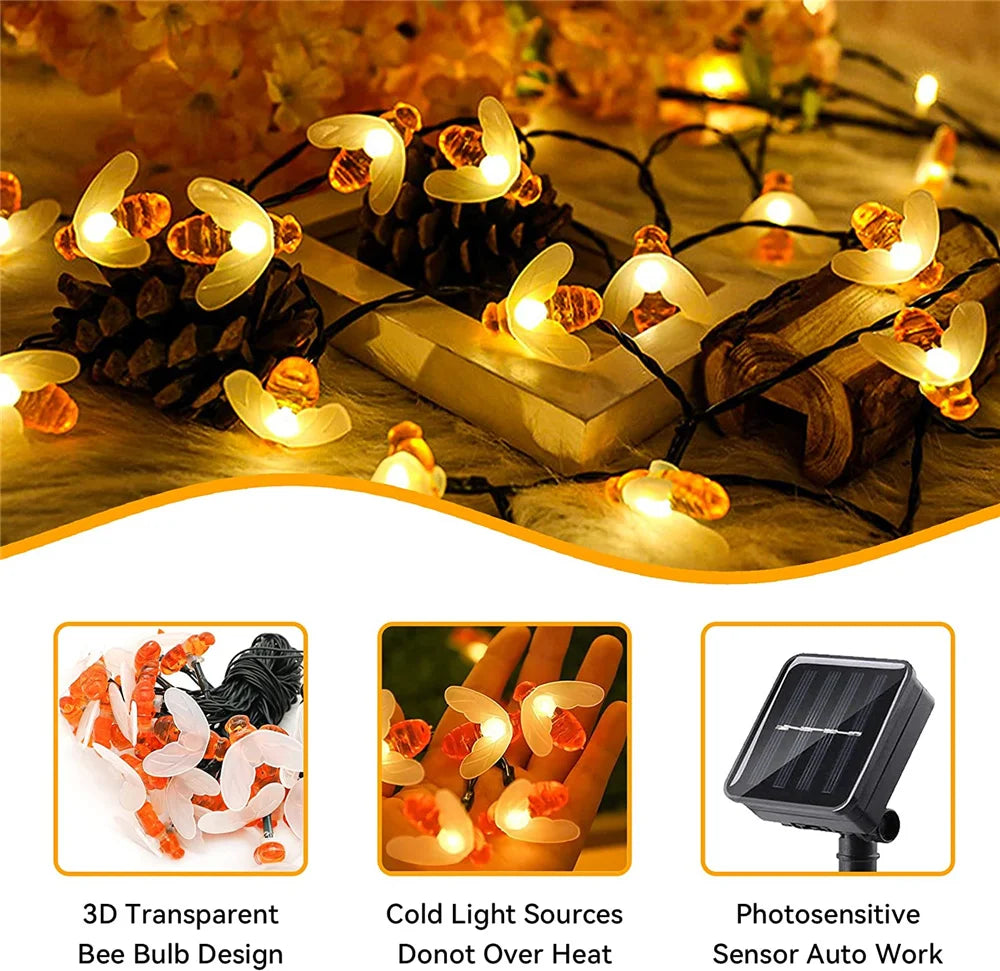 Steven Store™ Solar Bee String Lights - Charming bee-shaped solar lights for outdoor decoration, ideal for gardens and patios.
