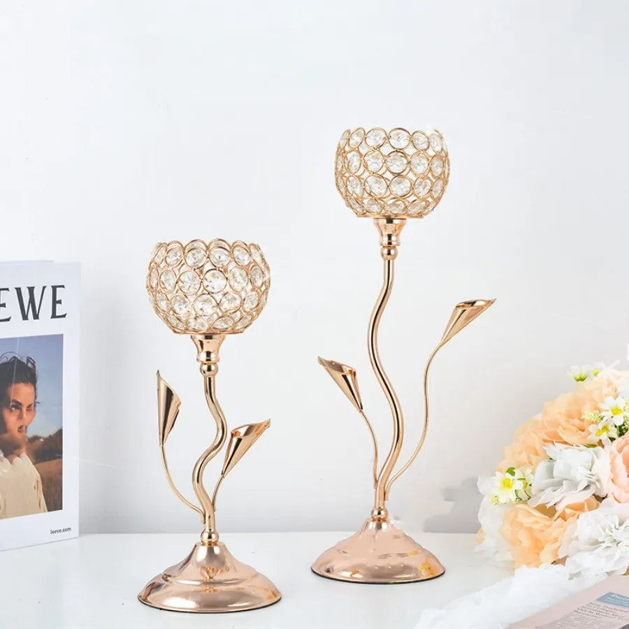 Steven Store™ Gold Crystal Flower Shaped Candle Holders