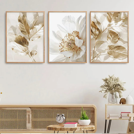 3PCS Çerçevesiz İskandinav Beyaz Çiçek Altın Yapraklar Poster Duvar Sanatı